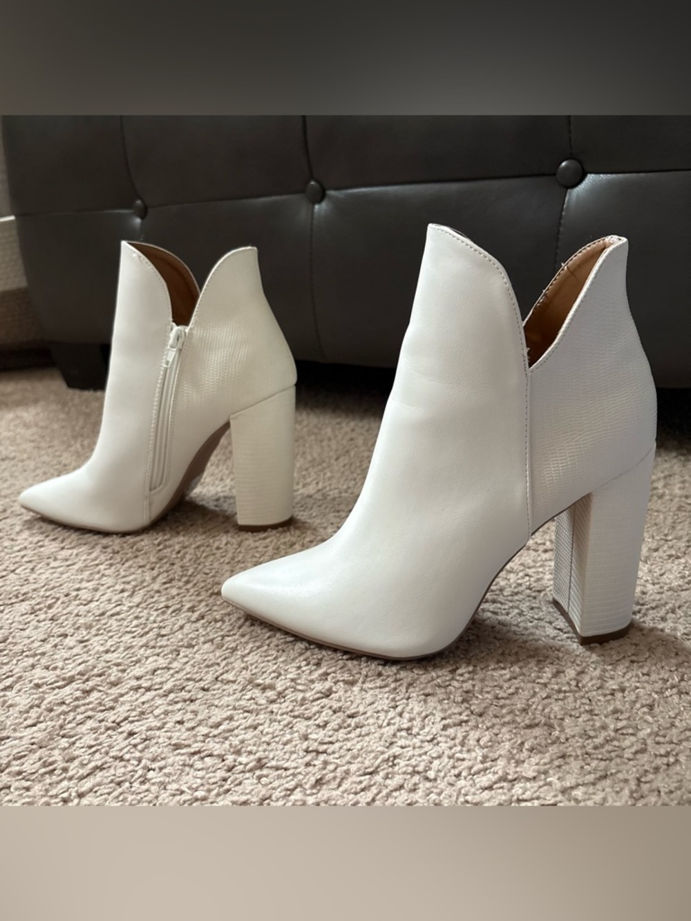 Qupid White Pointed Toe High Block Heel Ankle Booties - Picture 2 of 6